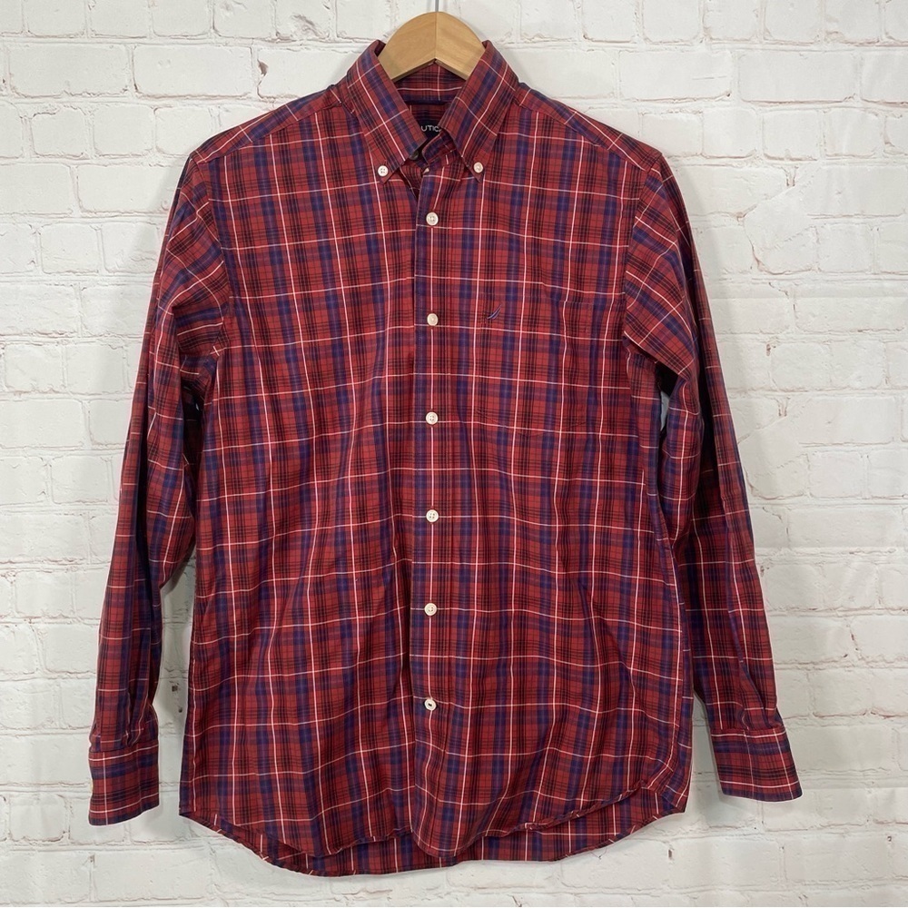 Nautica Shirt Mens Small Plaid Wrinkle Resistant Cotton Button Up Red Blue